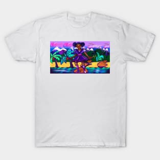 Anime girl with two puffs. Black afro anime girl in purple fantasy scene ! beautiful  black girl with Braided hair, blue eyes, Cherry pink lips and dark brown skin. Hair love ! T-Shirt